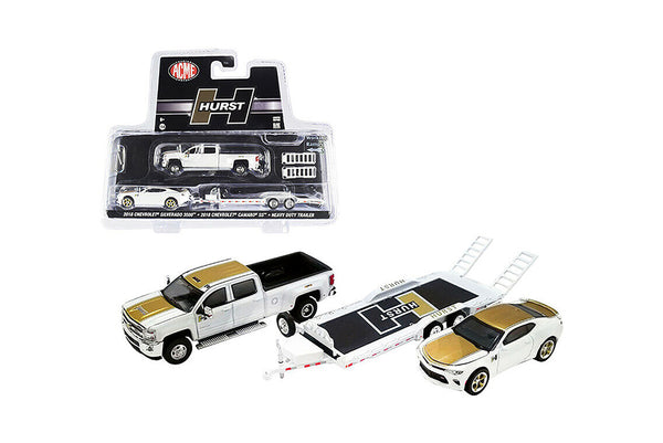 Greenlight Acme Hurst Performance 2018 Chevrolet Silverado 3500  and Camaro SS and Heavy Duty Car Hauler 1/64 Diecast Model
