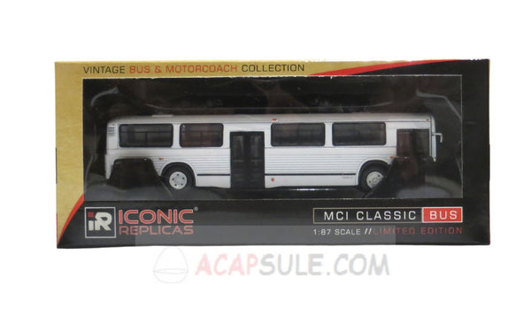 White Blank Version of MCI Classic Transit Bus in 1/87 Scale Diecast Model by Iconic Replica