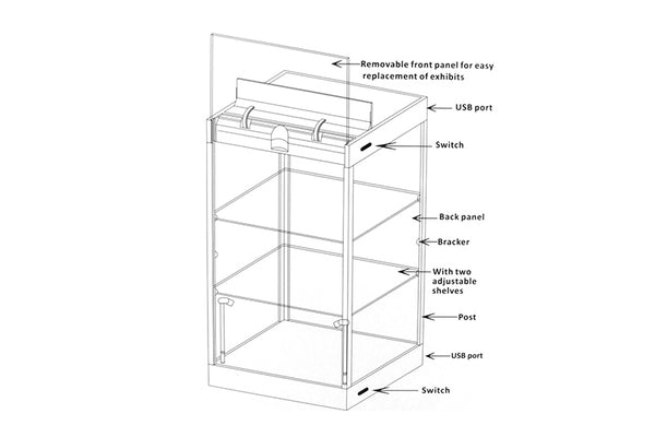 Large LED Light Display Case with 2 Adjustable Shelves (Black) Ideal for 1/24 Scale Cars