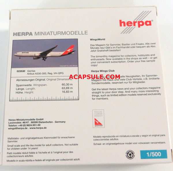 Herpa Qantas A330-300 1/500 Scale Diecast Model Reg. VH-QPG