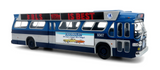 A scale model of a vintage blue and silver New York City Transit bus, featuring a red and Back 'IS BEST' sign and a Chevrolet advertisement on the side, shown on a white background.