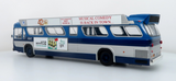 A scale model of a vintage blue and white bus with printed advertisements on its side, shown against a clean white background.