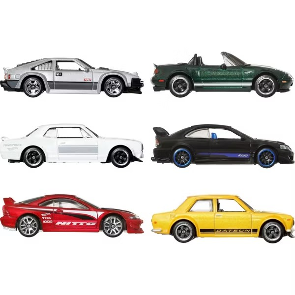 Hot Wheels Silver Set of 6: 82 Supra, 91 MX-5 Miata, Skyline, Honda Civic S1, Acura Integra and 71 Datsun 510