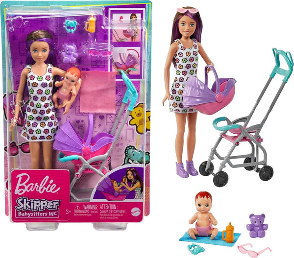 Barbie Skipper Babysitter Doll (Brunette), Stroller, Baby Doll & 5 Accessories