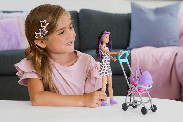 Barbie Skipper Babysitter Doll (Brunette), Stroller, Baby Doll & 5 Accessories