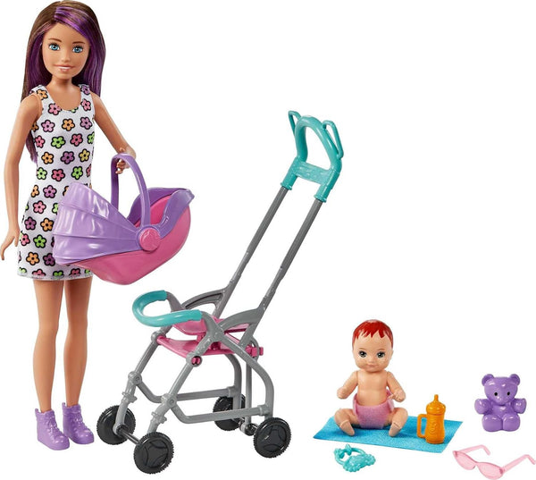 Barbie Skipper Babysitter Doll (Brunette), Stroller, Baby Doll & 5 Accessories