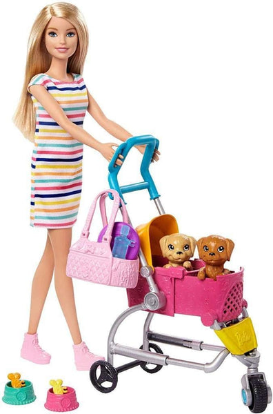 Barbie Pets Stroll & Play Pups Playset with Blonde Doll, Transforming Stroller and Puppies
