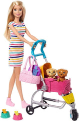 Barbie Pets Stroll & Play Pups Playset with Blonde Doll, Transforming Stroller and Puppies