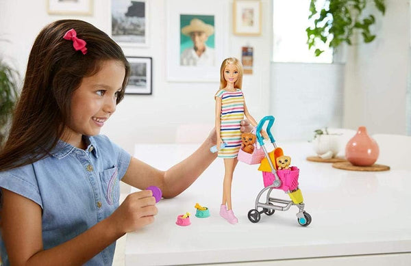 Barbie Pets Stroll & Play Pups Playset with Blonde Doll, Transforming Stroller and Puppies
