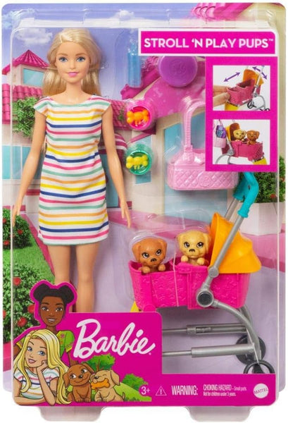 Barbie Pets Stroll & Play Pups Playset with Blonde Doll, Transforming Stroller and Puppies