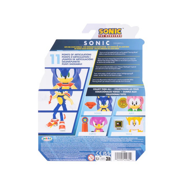 Modern "Grind Shoes" Sonic with Red Chaos Emerald 4 Inch Action Figure with 11 Points of Articulation