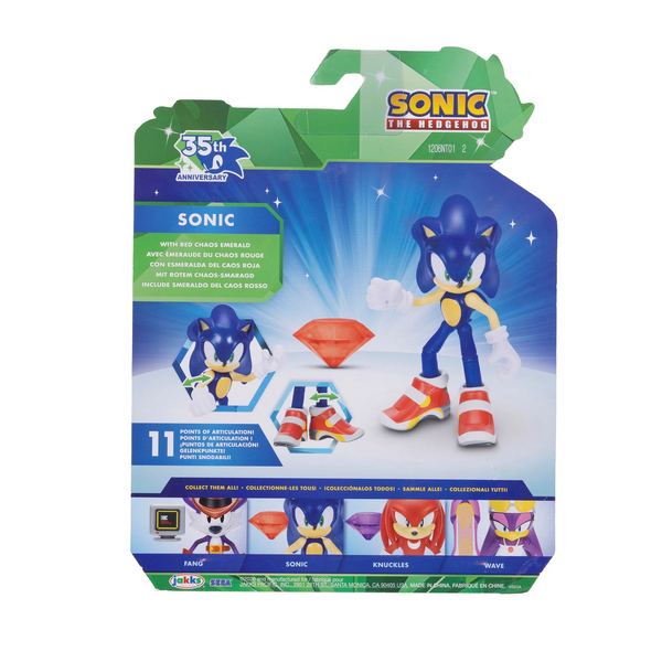 Sonic 35th Anniversary Modern Grind Shoes Sonic 4 Inch Figure with Red Chaos Emerald and 11 Points of Articulation