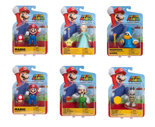 Coming Soon Jakk's Super Mario 4'' Action Figure Wave 52 Case of 6(2x Mario, Fire Luigi, Rosalina, Magikoopa and Dry Bones