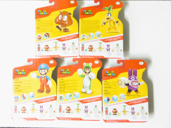 Jakk's Super Mario 4'' Action Figure Wave 49 Set of 5 ( Nabbit, Iggy, Goomba, Ice Mario and Cat Luigi)