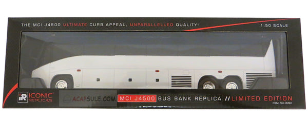 1/50th Scale 10.25 Inches White MCI J4500 Coach - Toy Bus Bank with Rolling Wheels
