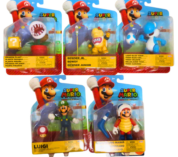 Jakk's Super Mario 4'' Action Figure Wave 50 Set of 5 ( Boomer Mario, LBlue Yoshi, Luigi, Piranha and Bowser Jr