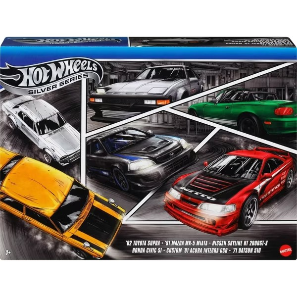 Hot Wheels Silver Set of 6: 82 Supra, 91 MX-5 Miata, Skyline, Honda Civic S1, Acura Integra and 71 Datsun 510