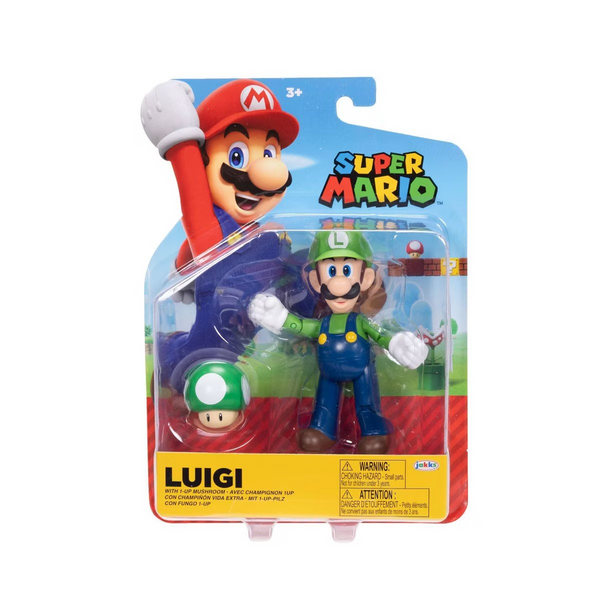 Nintendo Super Mario 4'' Luigi with One Up Mushroom Action Figure