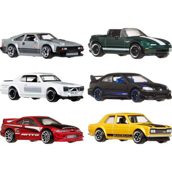 Hot Wheels Silver Set of 6: 82 Supra, 91 MX-5 Miata, Skyline, Honda Civic S1, Acura Integra and 71 Datsun 510
