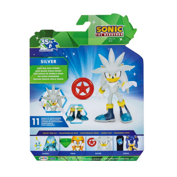 Sonic 35th Anniversary Silver with Red Star Spring 4 Inch Action Figure with 11 Points of Articulation