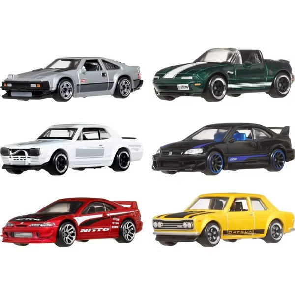 Hot Wheels Silver Set of 6: 82 Supra, 91 MX-5 Miata, Skyline, Honda Civic S1, Acura Integra and 71 Datsun 510