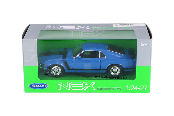 Blue 1970 Ford Mustang Boss 302 1/24 Scale Diecast Model with Window Box by Welly