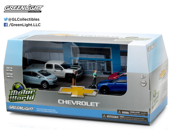 Motorworld Modern Chevrolet Dealership Set includes 4 1/64 Vehicles and 2 Figures