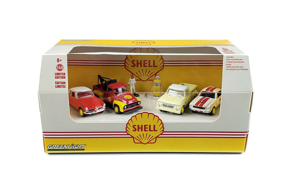Greenlight Shell Oil Service Center Diorama Set includes 4 1/64 Vehicles and 1 Figure and Gas Pump