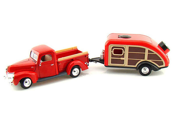 1956 Red Ford F-100 Pickup Truck and Red Teardrop Trailer 1/24 Scale Model