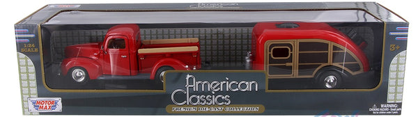 1956 Red Ford F-100 Pickup Truck and Red Teardrop Trailer 1/24 Scale Model