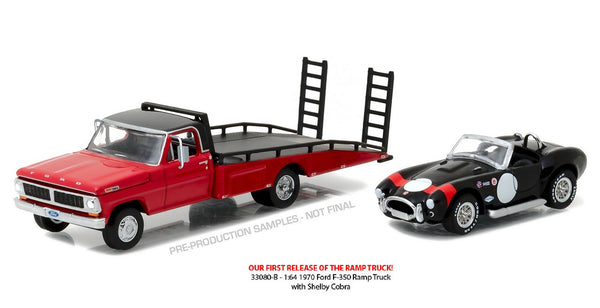 Ford F-350 Ramp Truck with 1965 Shelby Cobra 427 S/C 1/64 Scale Diecast Model