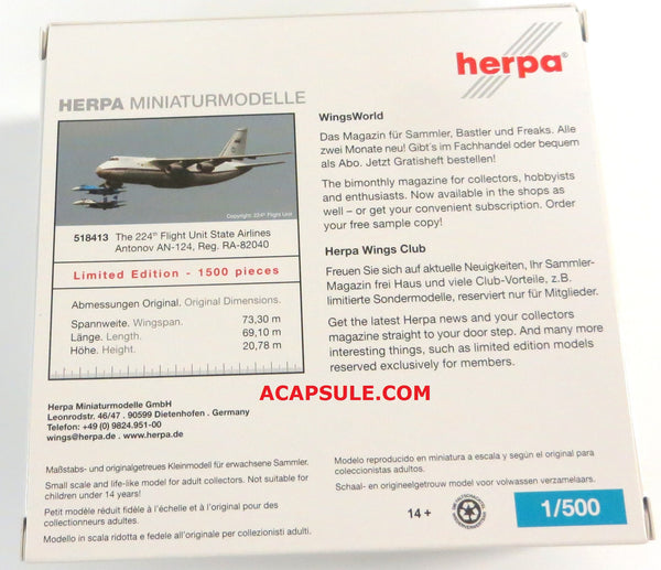 Herpa Wings The 224th Flight Unit Antonov AN-124 1/500 Diecast Model Reg RA-82040