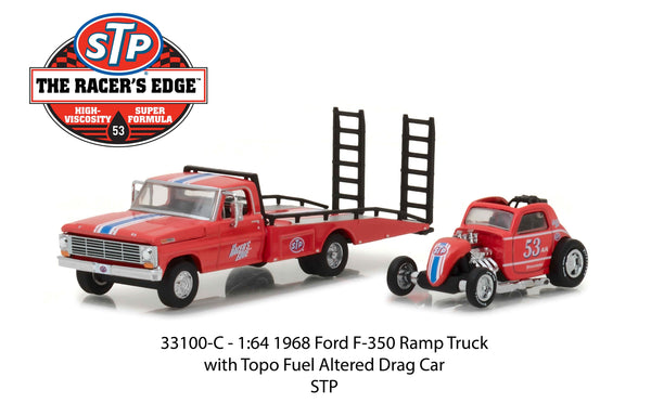 STP The Racer's Edge Ford F-350 Ramp Truck and Topo Car 1/64 Diecast Model by Greenlight
